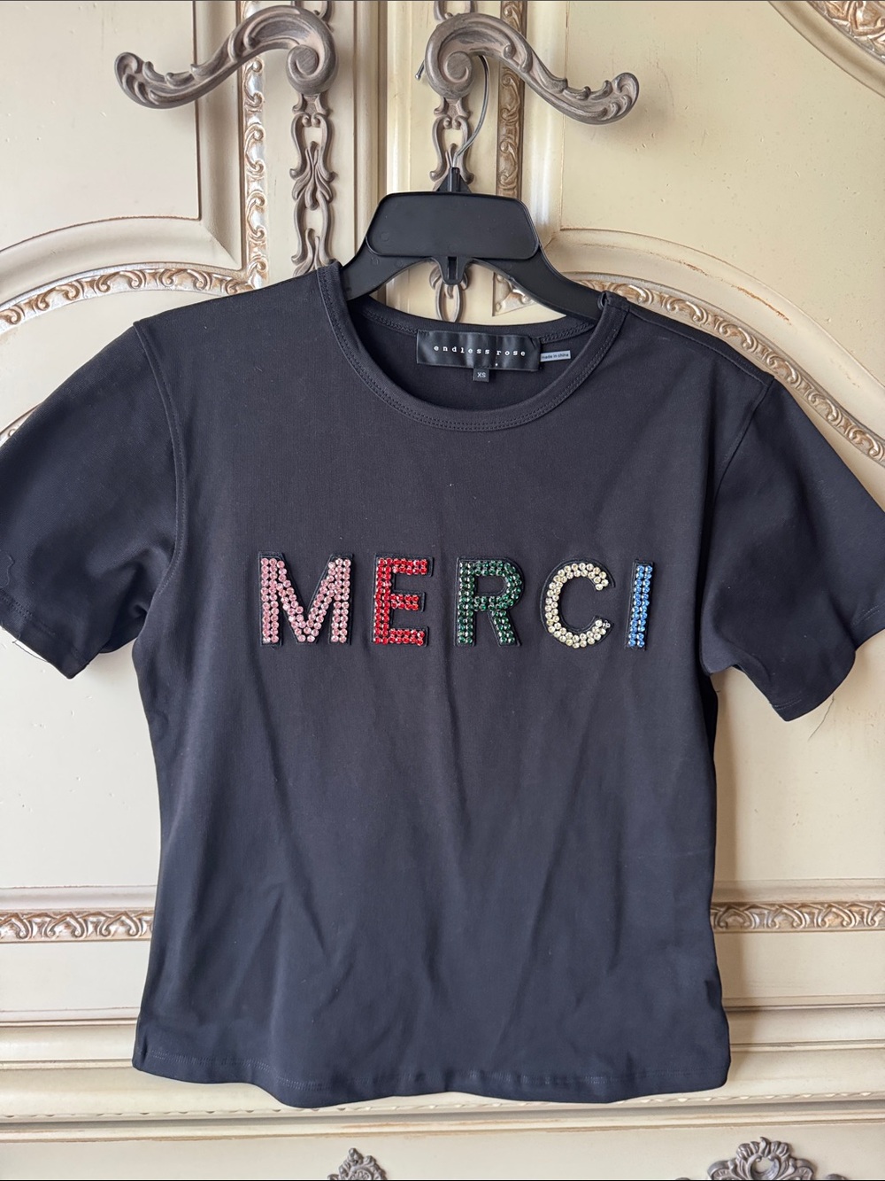 Endless Rose Black 'MERCI' Embellished Tee